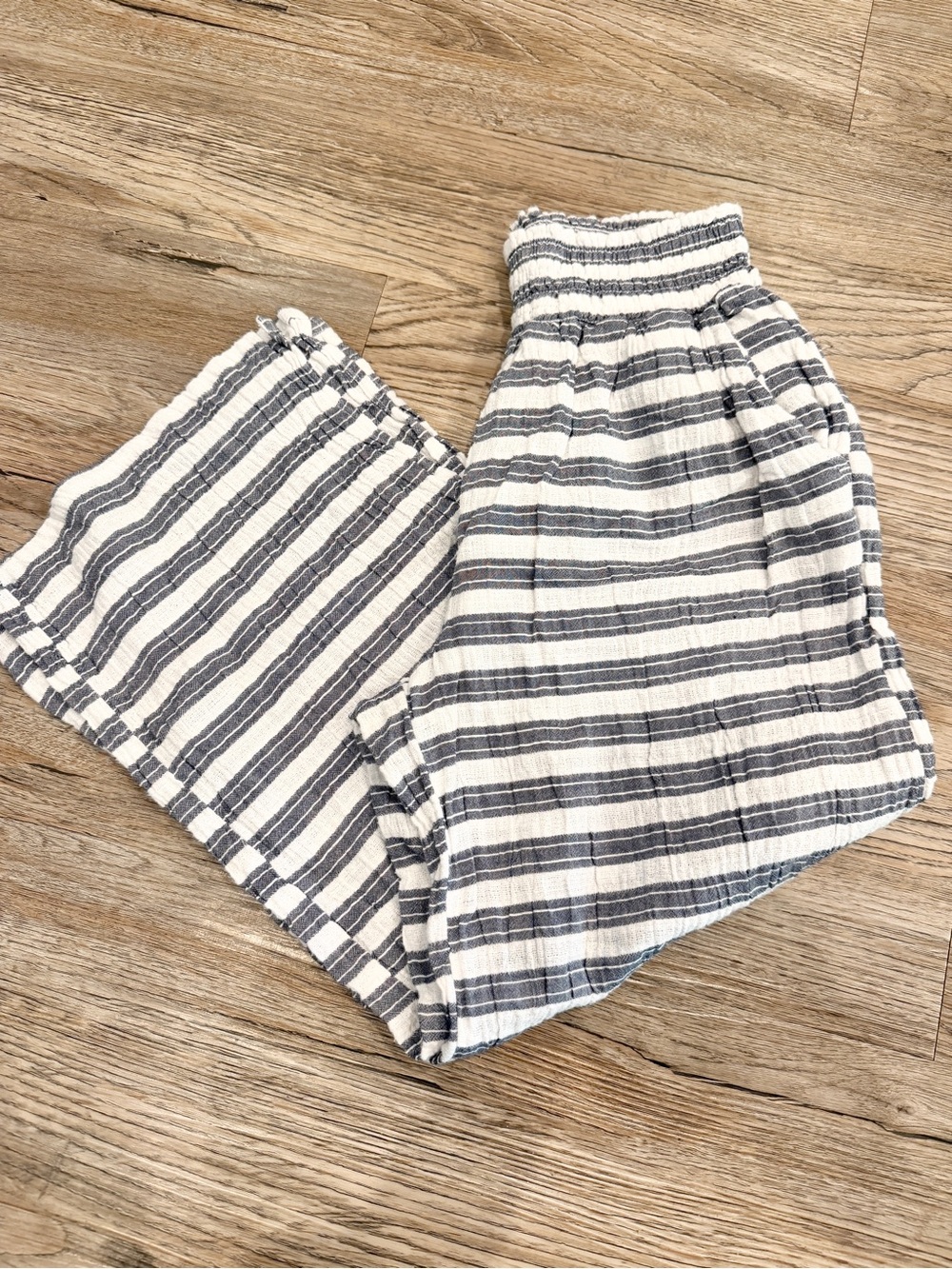 Aerie Navy Stripe Gauze Wide Leg Pants Smocked Crop Coastal Beach Boho Natural